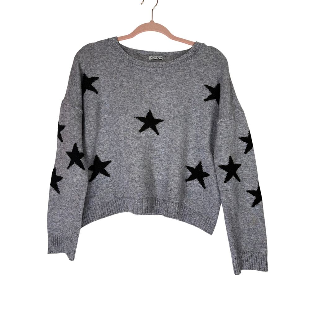 Theo Spence Gray Black w/Star Print Oversized Long Sleeve‎ Sweater Top Size M